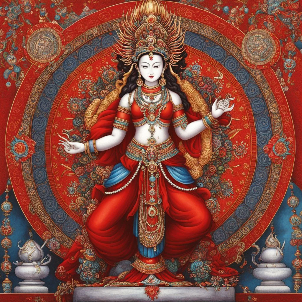 Vajrayogini is a central female deity in Vajrayana Buddhism, especially revered in Tibetan traditions such as the Sakya, Kagyu, and Gelug schools. She is understood as a supreme tantric yidam (meditational deity), embodying enlightened wisdom in its most dynamic and transformative form. Typically depicted as a radiant red dakini, she stands in a dancing posture upon a corpse, symbolizing the transcendence of ego and ignorance. In her right hand she holds a curved knife (kartika), used to cut thr