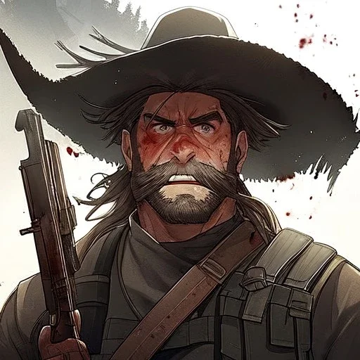 Portrait, bearded, Gunslinger, Cowboy, cowboy hat, serious face, Blood Splatter