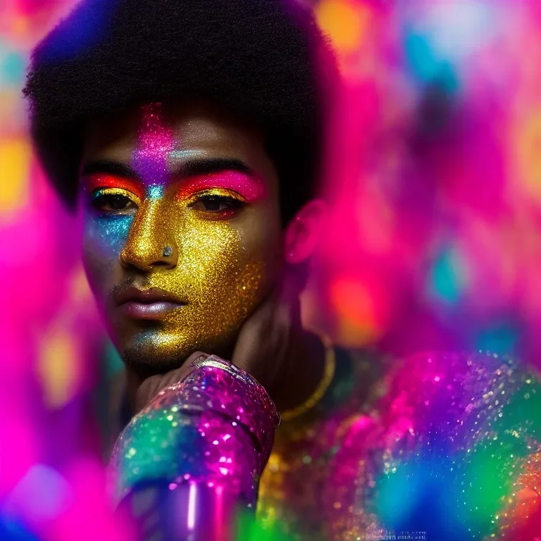 full body shot, masterpiece, best quality, man of median age, black skinned, sparkling eyes, fluorescent skin, colorful makeup, afro, highly detailed body, afrofuturism, scifi, sun light, 4K, RAW, depth of field, high contrast, realistic details, 24mm