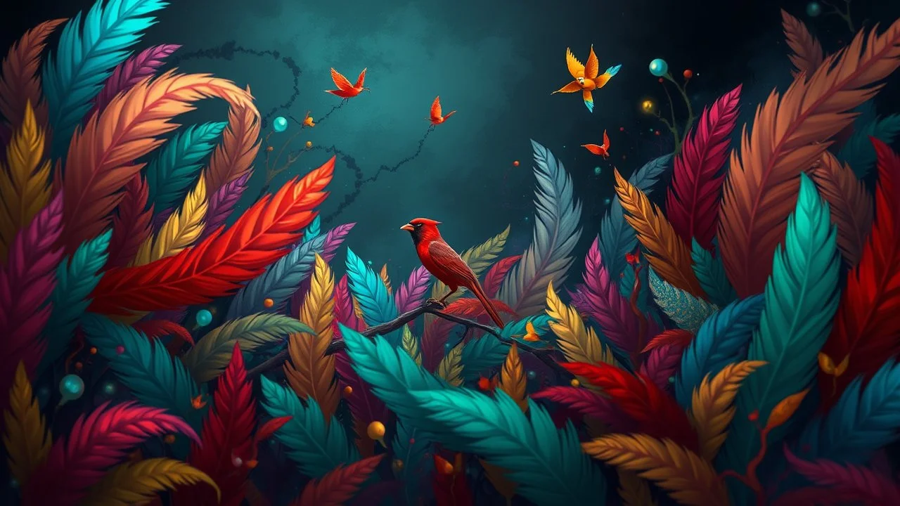 A vibrant and fantastical scene featuring a red bird perched amidst a dense, abstract forest of colorful feathers and foliage. The background is dark and moody, with a sense of mystery and depth. The overall style is highly stylized and imaginative, creating a dreamlike and surreal atmosphere