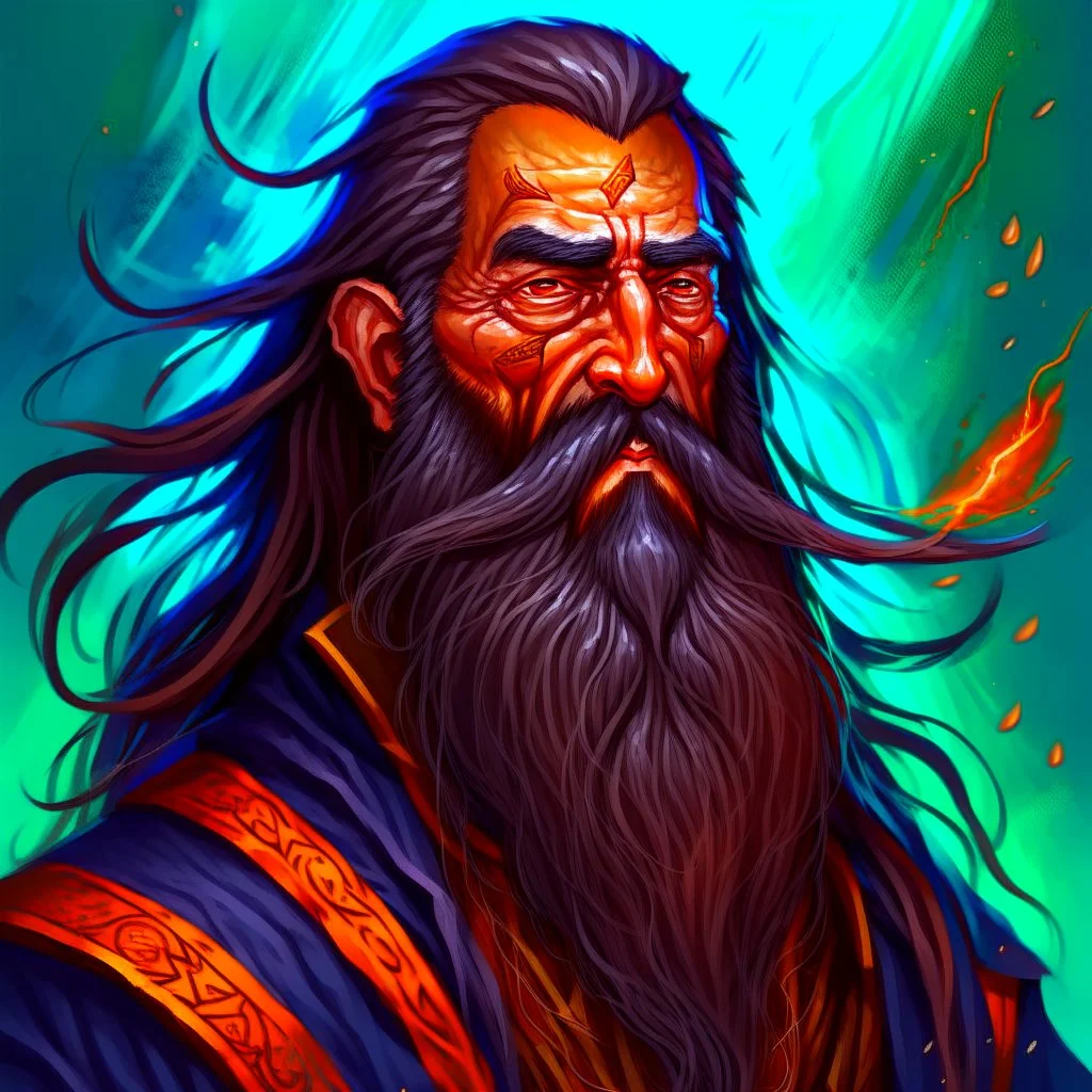 dnd, fantasy, wizard, portrait, face, close up, long beard, black hair, angular features, exotic features, long, slender