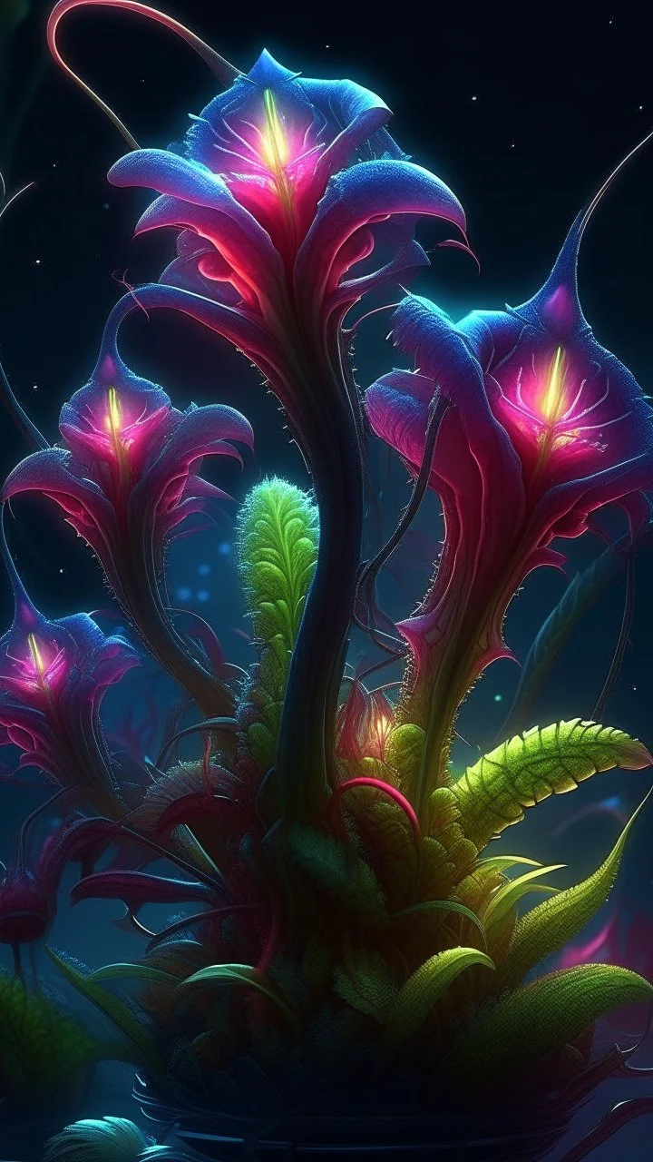 "3D HR Complex Unique and Beautiful Bioluminescent Carnivorous Plants, a breathtaking frontier fantasy artwork by Android Jones, Jean Baptiste monge, Alberto Seveso, Erin Hanson, Jeremy Mann. Minimalist highly detailed and complex professional_photography, masterpieces, 8k resolution concept art, Artstation, tricolor, Unreal Engine 5, cgsociety" Highly detailed ArtStation Concept Art Clear Focus Smooth cinematic 4K epic Details Serious Stoic ARTgerm AN's mature art. Bosch painting style,Busch