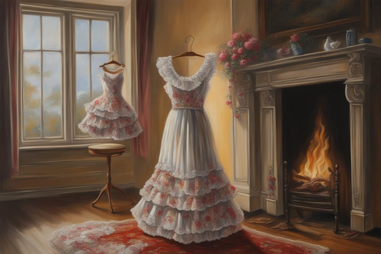 A beautiful romantic ruffled dress, decorated with beautiful embroidered flowers and lace, hanging on a hanger in a bedroom by the fireplace, in the light of the fireplace, Hyper realistic, oil on canvas award winning fantastic view ultra detailed acrylic art Ultra realistic Impressionism Surrealism simen johan, sharp focus intricate oil on canvas cinematic lighting photorealistic high detail ultra detailed crisp quality colourful