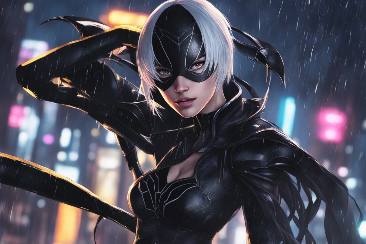 Venom in 8k nier automata anime drawing style, spider-gwen them, cinematic mood, neon effect, close picture, rain, highly detailed, high details, detailed portrait, masterpiece,ultra detailed, ultra quality