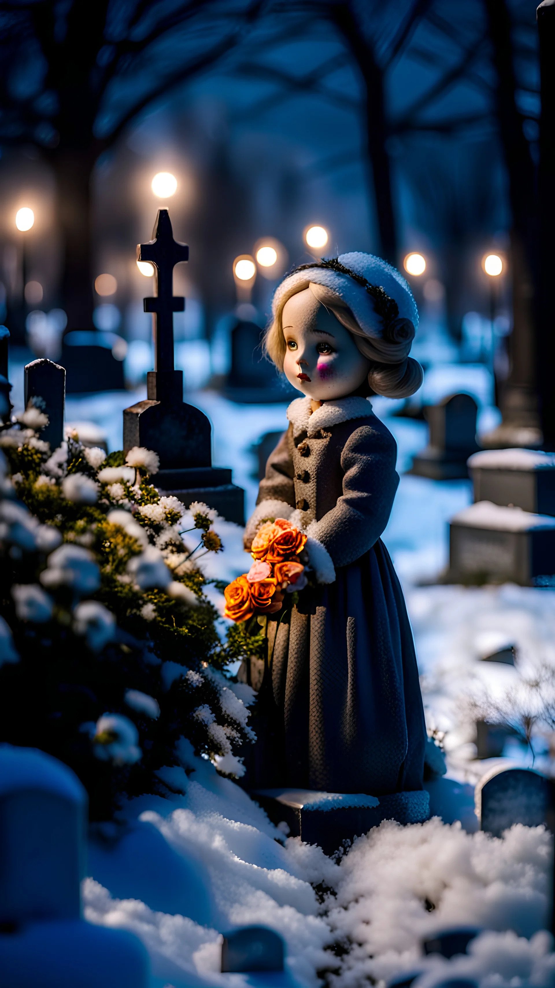 In winter, in a cemetery at night, there are flowers and doll of a girl on the grave.