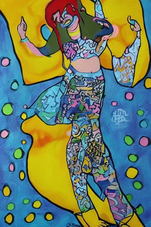 Full body portrait, painting, medium shot lady style of yellow submarine