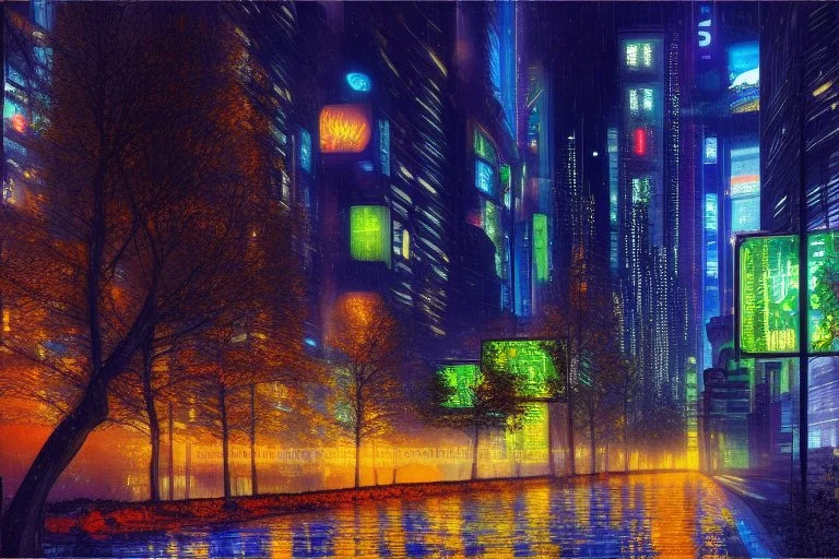 Night, cyberpunk buildings near the autumn trees zone, tendency to science fiction, realistic vision, impressionism painting