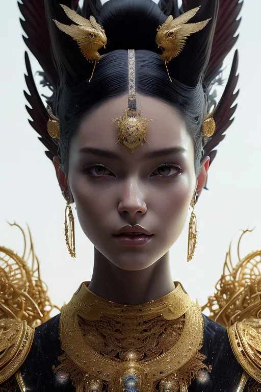 Detailed cosmic horror creature with wings, hair buns, bangs,bodysuit, intricate details, full body portrait, keep head in frame, slight smile, black Japanese motif, concept art, highly detailed, digital painting, concept art, sharp focus, illustration, art by Yoji Shinkawa, WLOP and greg rutkowski and alphonse mucha and artgerm and yanjun Chen and Junji ito and Makoto Shinkai, HDR, octane render