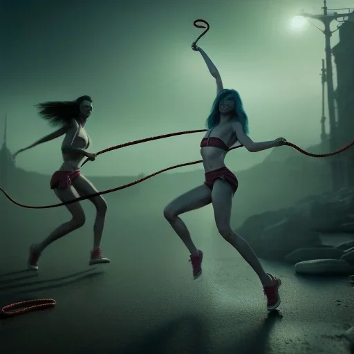 Two women skipping with a rope, demons and angry gods fight in the background, in the style of a Michael Moorcock book cover.