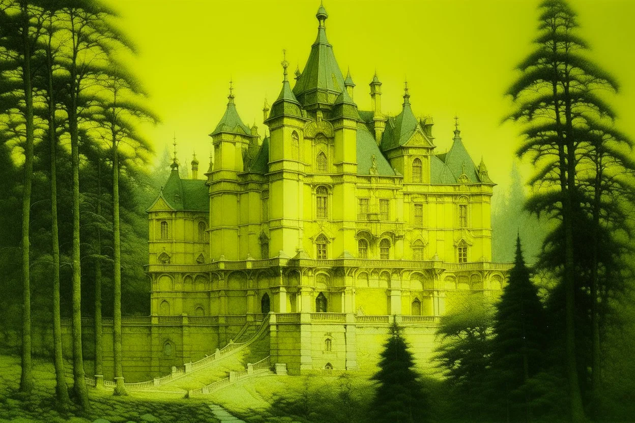 A pale greenish yellow flashing palace with defensive shields painted by Frank Wilson