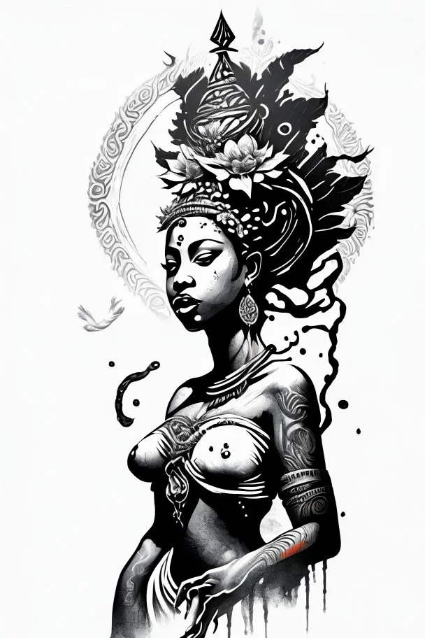 black and white illustration in a tattoo style of the oshun divinity for a stencil tattoo in a white background