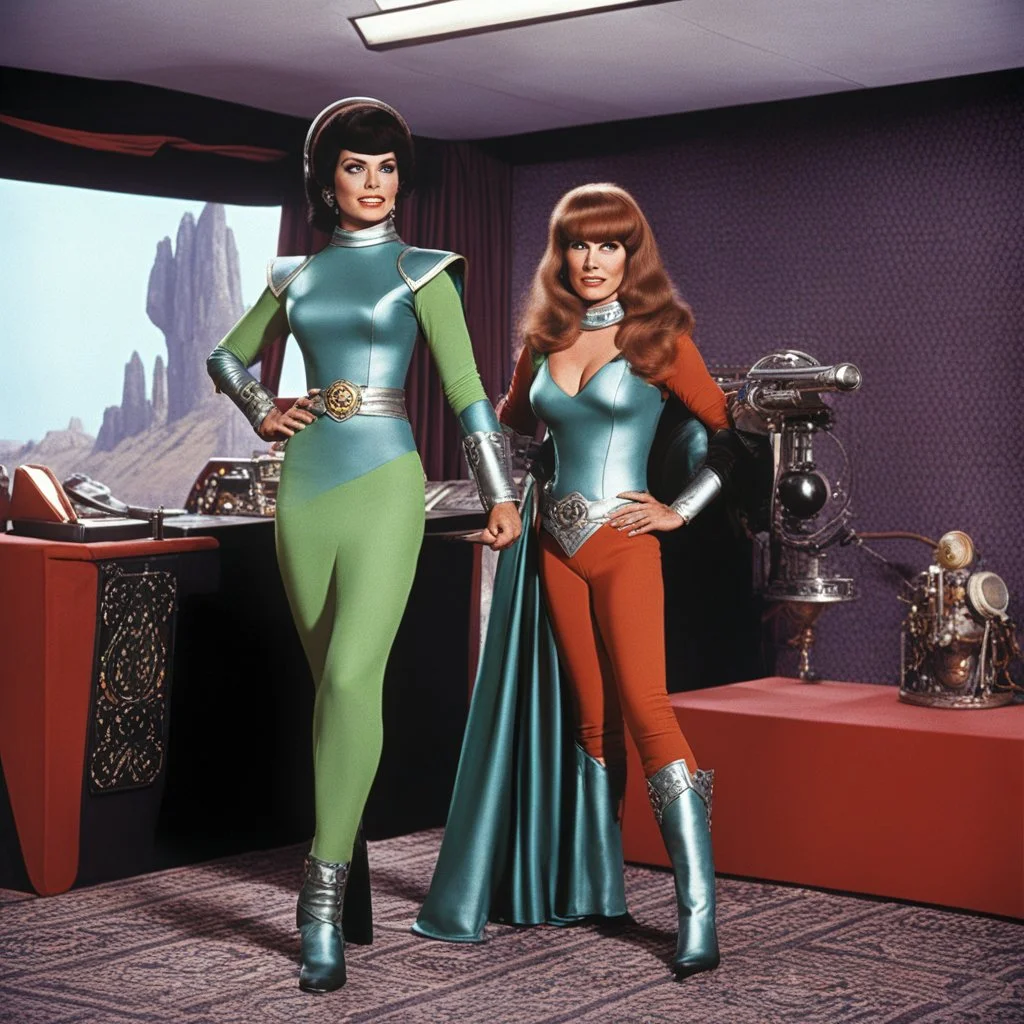Shahna the humanoid drill thrall ready to battle Captain Kirk in "The Gamesters of Triskelion" 1968. Yes, the carpet matches the drapes and in the 1960s and 1970s carpeting was standard. Even into the 1980s.