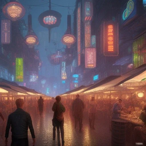 streetMarket, Realistic scene, highly detailed, high lighting, 4k, style cyberpunk, night,