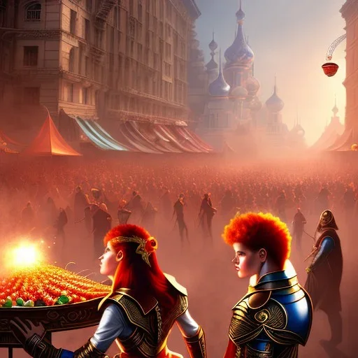 Three young teenagers with red hair, crowded busy street, stalls and carts with food and fruit, magic festival, spellcasting, leather, form fitting,fantasy adventure, photorealistic, pristine, detailed faces