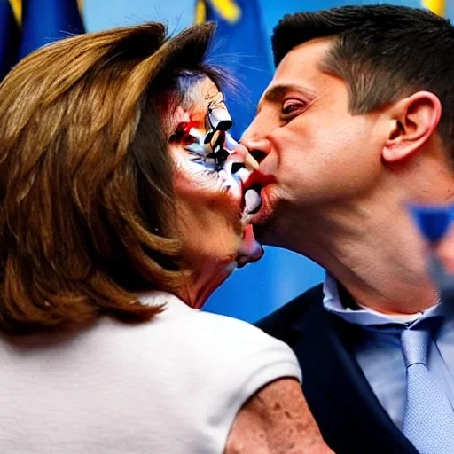 NANCY PELOSI, KISSING Volodymyr Zelensky WITH A BEARD wearing TANKTOP,