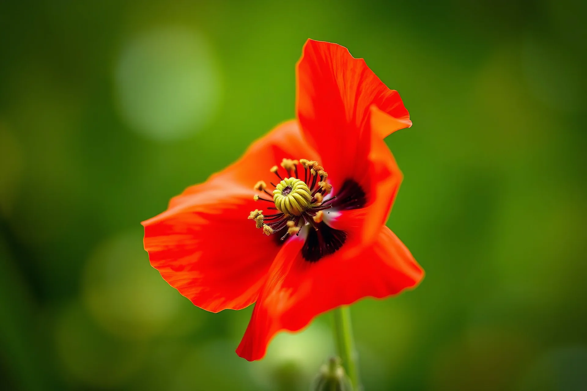 Beautiful poppy flower red red on the spring and beautiful little flowers crepe petals indirect light, center visible, Macro photography, entire but close-up, hyper detailed, in focus, studio photo, intricate details, highly detailed,