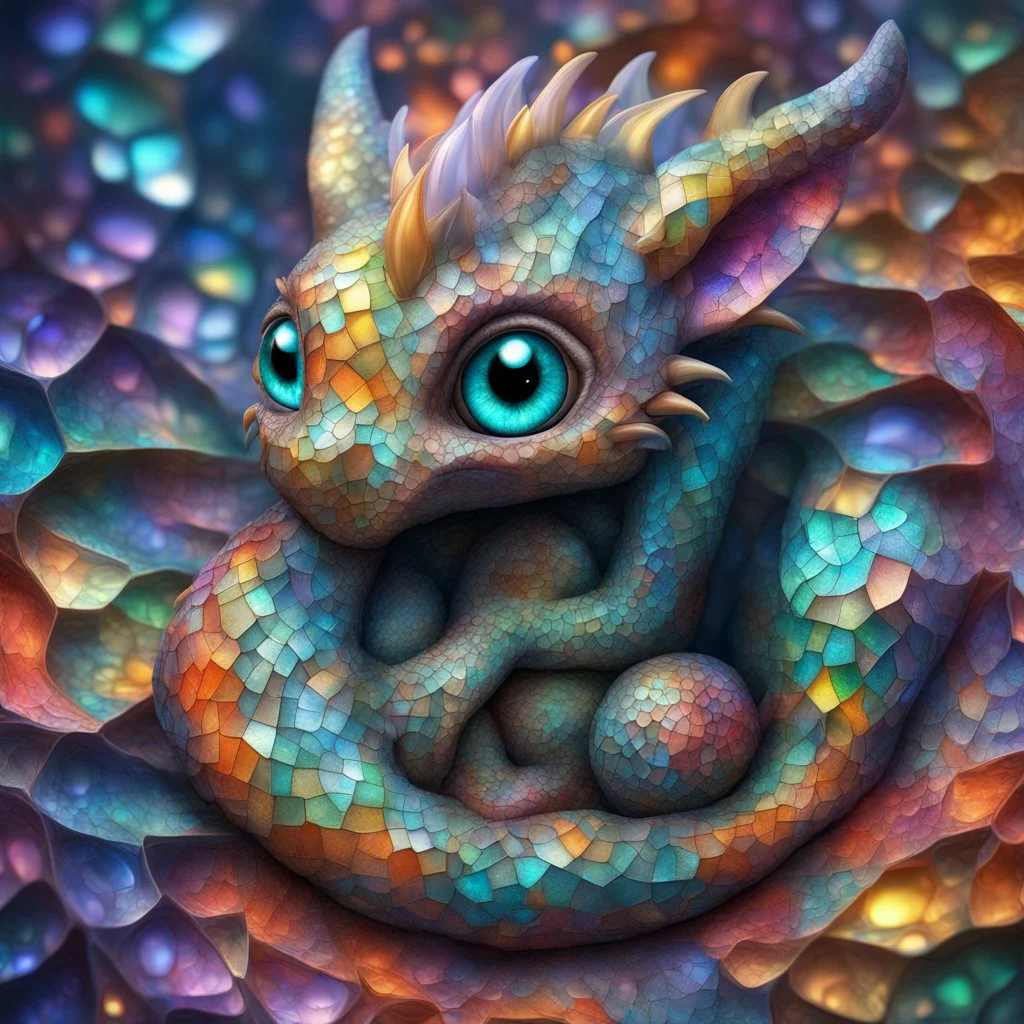 Cute baby dragon with big eyes lying curled up, sparkling colorful 3D fractal skin folds that look like glass, sparkling colorful 3D mosaic background