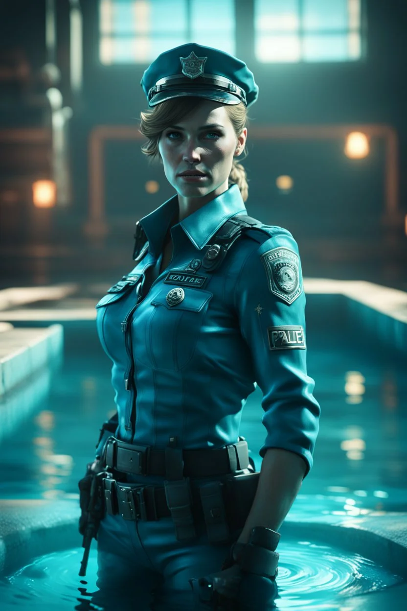 police woman in cyan pool in fallout 4 setting, bokeh, downlight, prize winning, depth of field, in the style of ivo caprino, backlight, aura