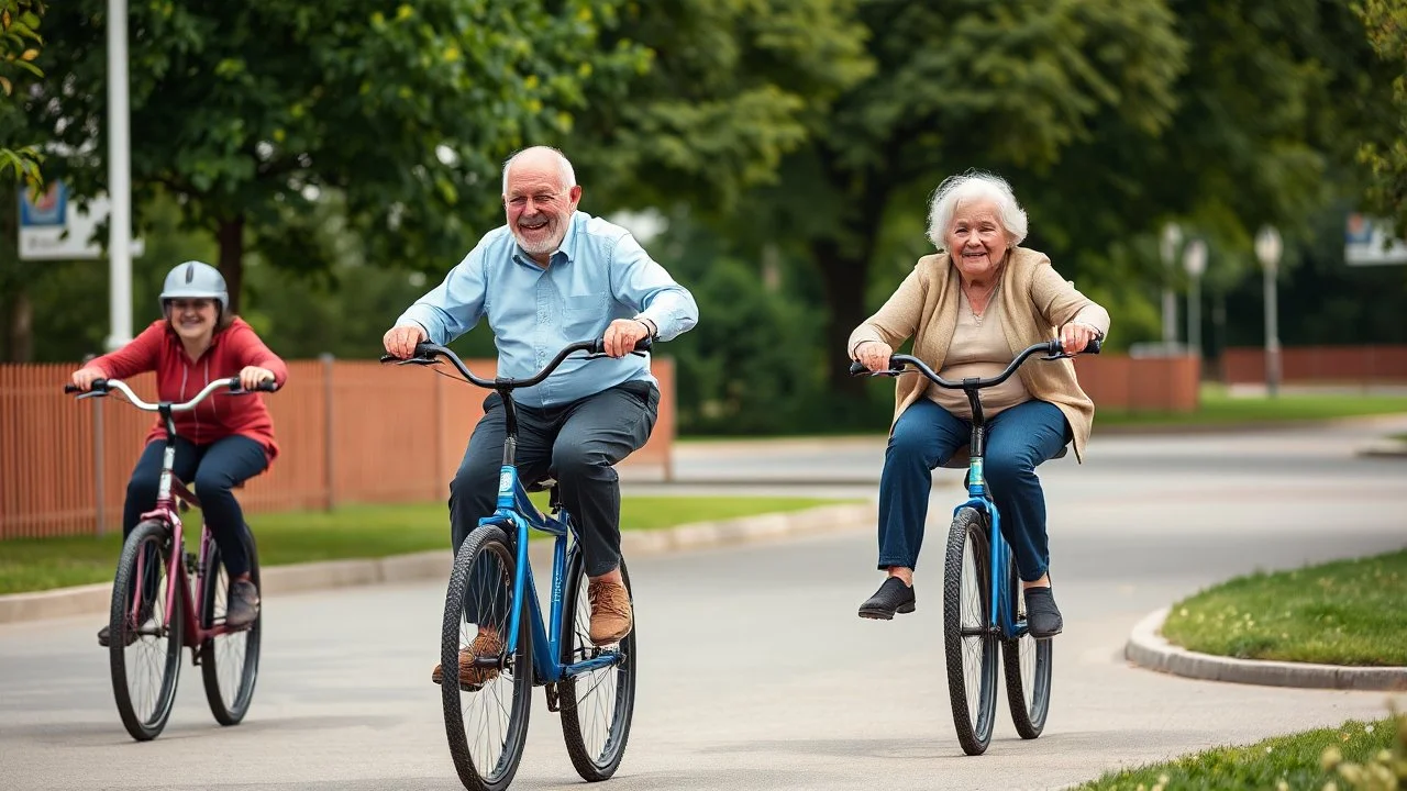 Elderly pensioners riding unicycles. Everyone is happy. Photographic quality and detail, award-winning image, beautiful composition.