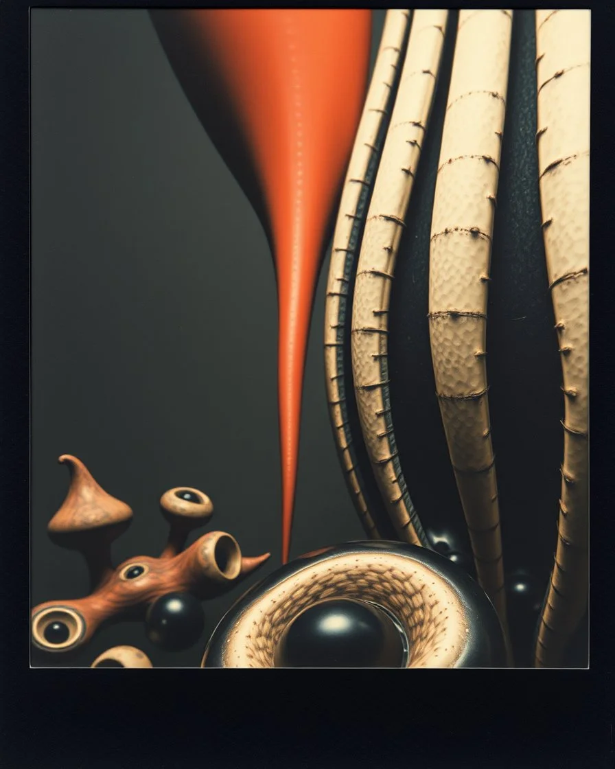 Photography polaroid close-up of several shapes, elongated lines and object, massive odd Yves Tanguy incomprehensible style, Surrealism. On the left, there are other lower shapes, similar to trolps or mutanism, randomly arranged, glossy, organic, creepy tumor mass growing, strong texture, fiotti di liquido nero, horror, panic, obsessive, hypnotic