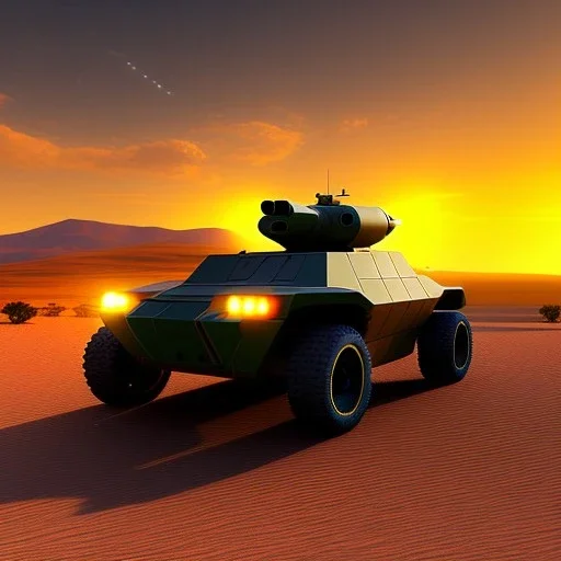 Wide desert Cactus view of Military hovertank from the future, 4k, highly detailed, hovering, axles, at sunset storm