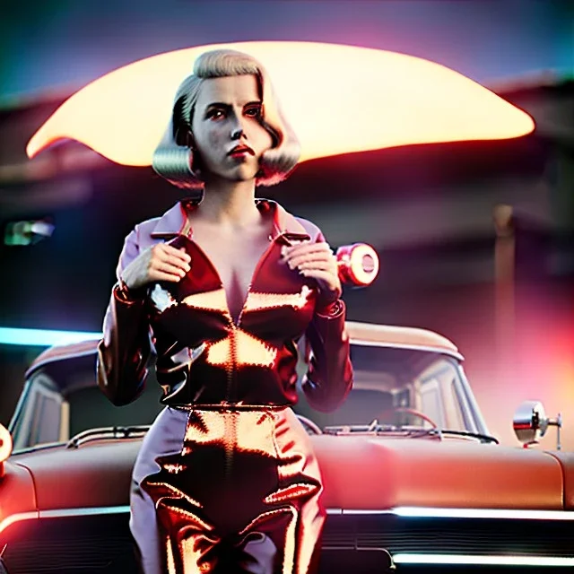 Ultra Realistic retro sci-fi, explosion Supermarket parking scene, 1960 year, blonde mastery woman, sweet scarlet Johansson face, perfect iris, glow eyes, face makeup, tight latex coat; many panic people, Retro sci-fi style, soft color, highly detailed, unreal engine 5, ray tracing, RTX, lumen lighting, ultra detail, volumetric lighting, 3d, finely drawn, high definition, high resolution.