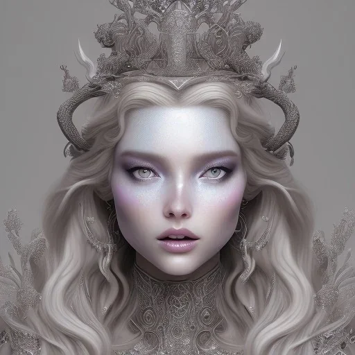 portrait of the most gorgeous, stunning, beautiful ice goddess with a large wolf, intricate crystal ice crown, 8k resolution, high-quality, fine-detail, ornate, digital art, detailed matte, volumetric lighting, brian froud, howard lyon, selina french, annie stokes, lisa parker, greg rutowski,