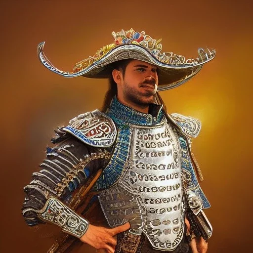 portrait,"Insanely detailed photograph of an armored mariachi warrior", highly intricate chainmail charo,colorful Sombrero,elegant, highly detailed D20, digital painting, artstation, concept art, smooth, sharp focus, illustration, art by artgerm and greg rutkowski and alphonse mucha, 8 k