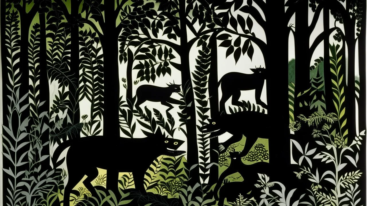 A black jungle with shadow wolves designed in Bayeux tapestry painted by Henri Matisse
