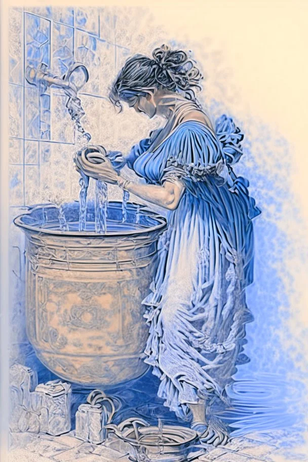 A woman in an ancient Roman dress pours water from an amphora into a pot in a blue and white bathroom, by Jean-Baptiste Monge, watercolour and ink, highly detailed, award winning, crisp quality in sunshine