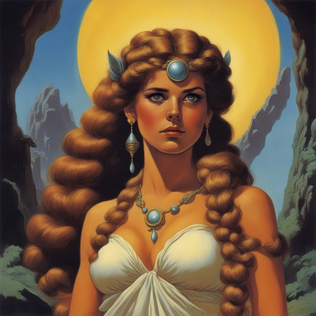 [art by Russ Meyer for Odyssey] Circe the awesome nymph with lovely braids who speaks with human voice, formidable goddess, with a mortal woman’s voice. She is the sister of the baleful Aeetes, both being children of the Sun who lights the world