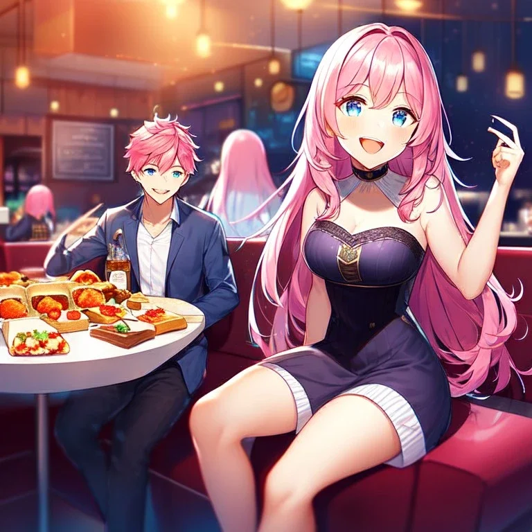 girl, masterpiece, best quality, cinematic lighting, detailed outfit, perfect eyes, long hair, pink hair, blue eyes, laughing, at restaurant, food, detailed background, wide view, god rays, sitting down,