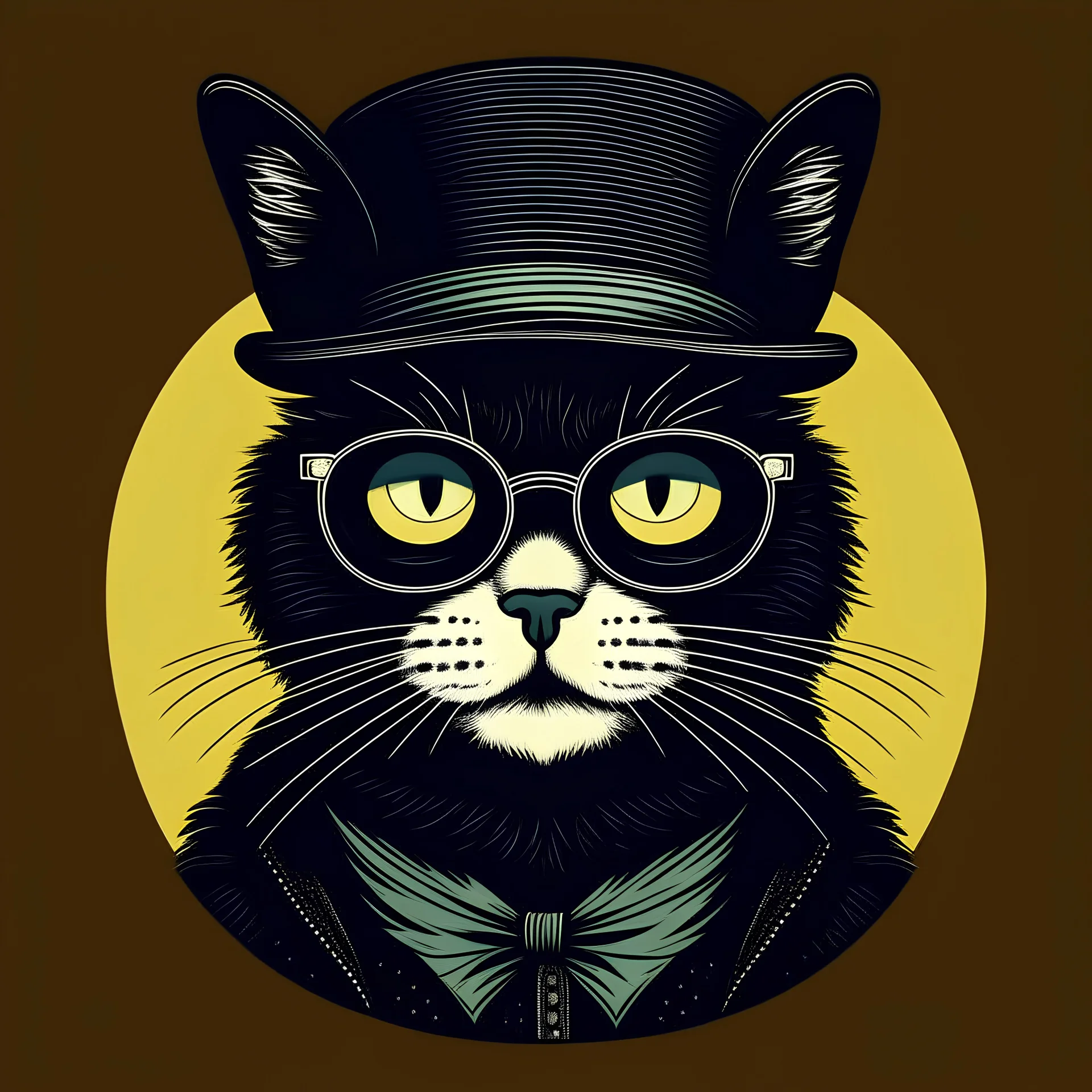Drawing of a surprised cat with black jacket, hat and glasses, NFT style