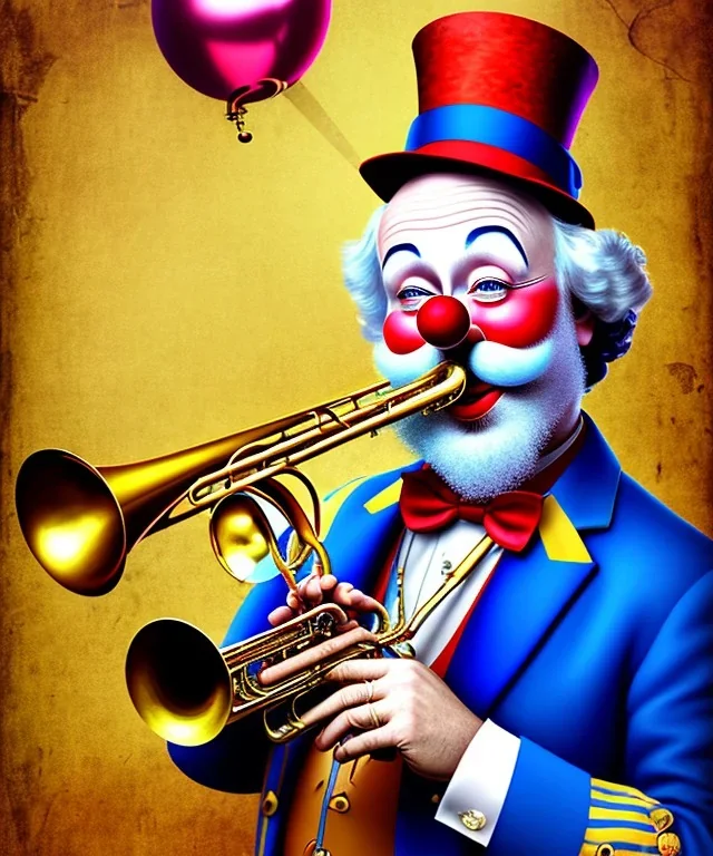 happy old friendly clown with round head and trimmed beard playing jazz with a steampunk theme, trumpet on mouth, circus, realistic