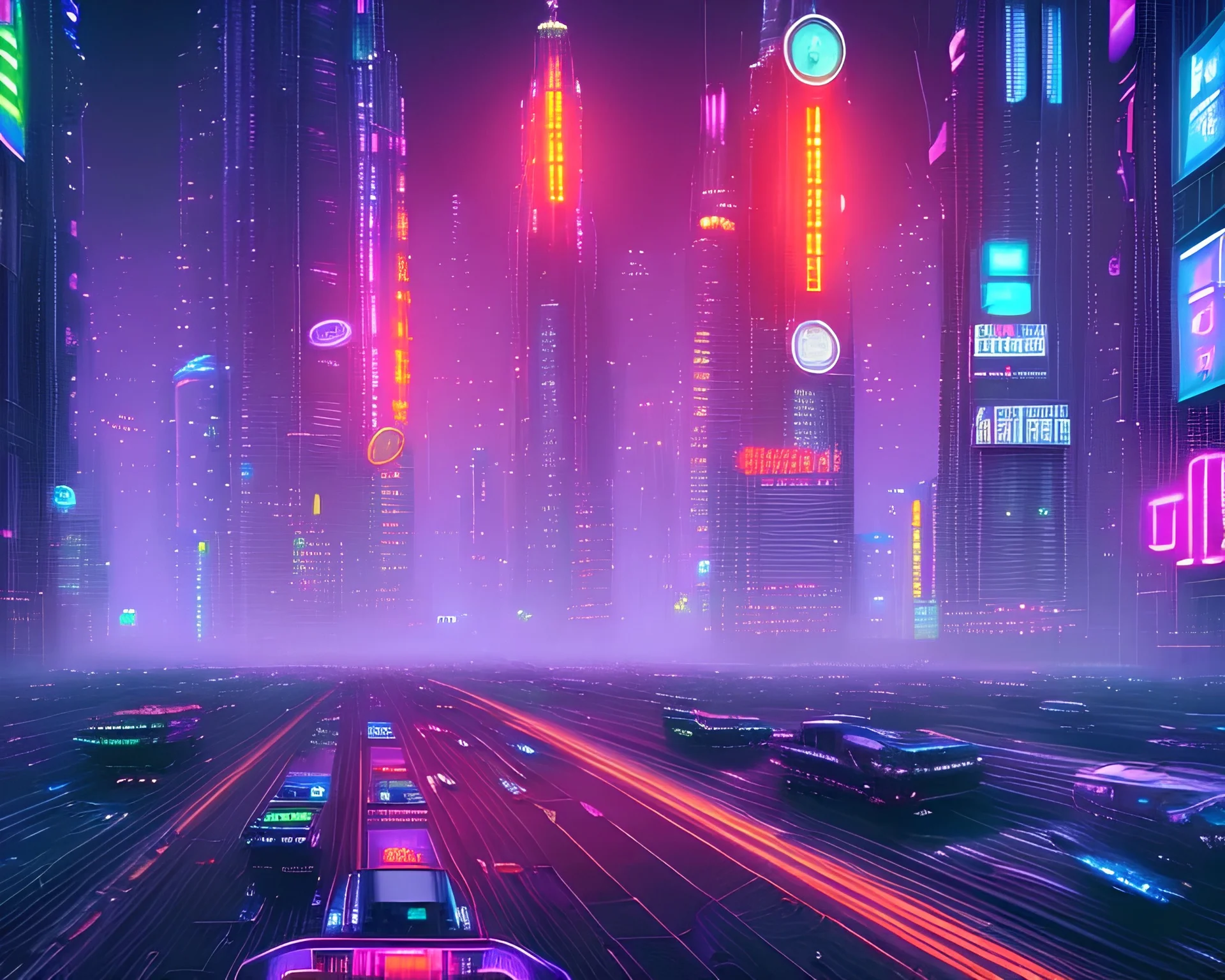 a cityscape of a distant future, with sprawling skyscrapers and neon signs illuminated against a dark sky, cyberpunk, full body, realistic, intricately detailed, neon lighting, vivid colors, neon, futuristic, 64k