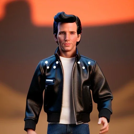 wide view young Plastic Fonzie with black hair greaser toy Action figure doll 1975 (thumbs-up) (face) Forehead grin, fonzarelli, jukebox background, eyes fonziE fonz