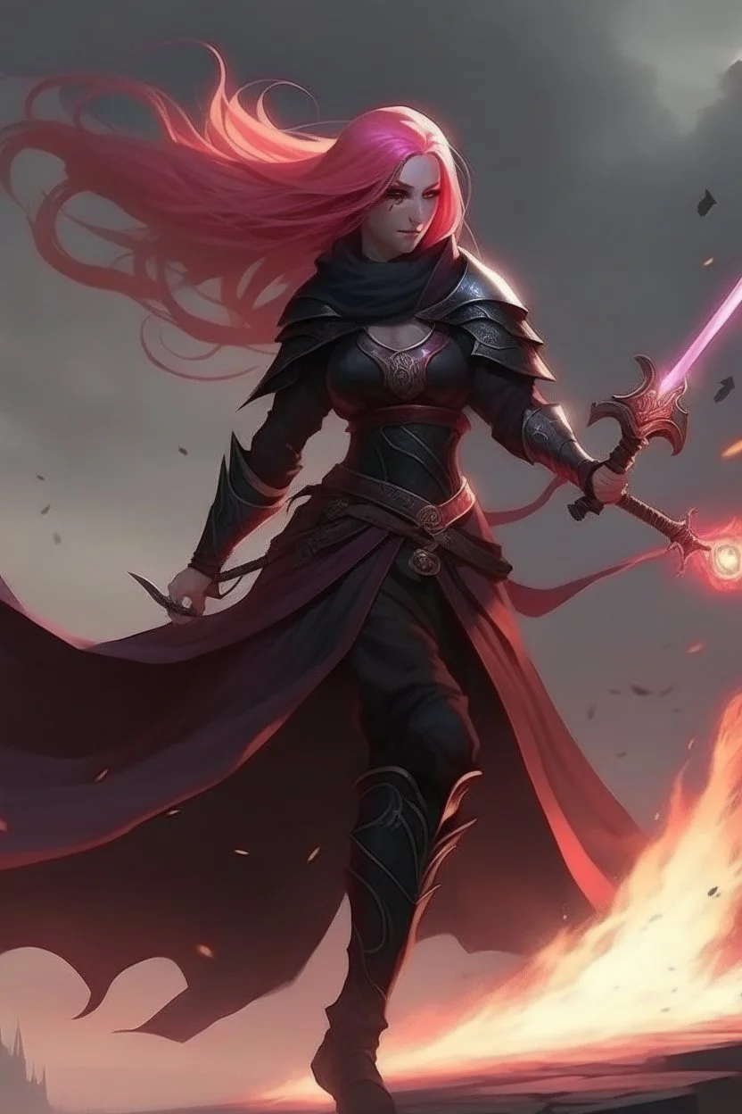 A exalted female archmage, her black robes and long pink hair shining in the light, her greatsword held firmly in her hands as she strides forward, her red eyes blazing with a fierce intensity, levitating above enemys , dodging enemy fire, 4K,