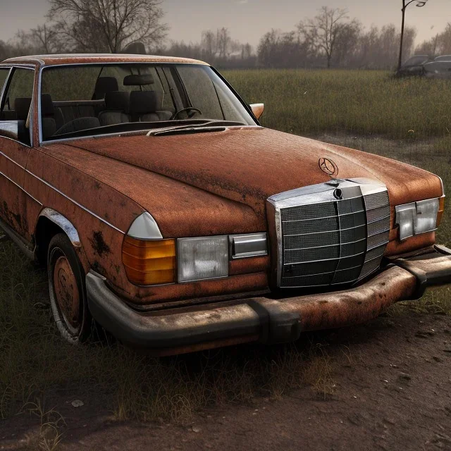 an abandoned 1990 Mercedes rust 2-door overgrown by nature with dust ,ultra realistic,concept, 4k ,on street,8k resolution, high-quality, fine-detail, parked in crowded city winter