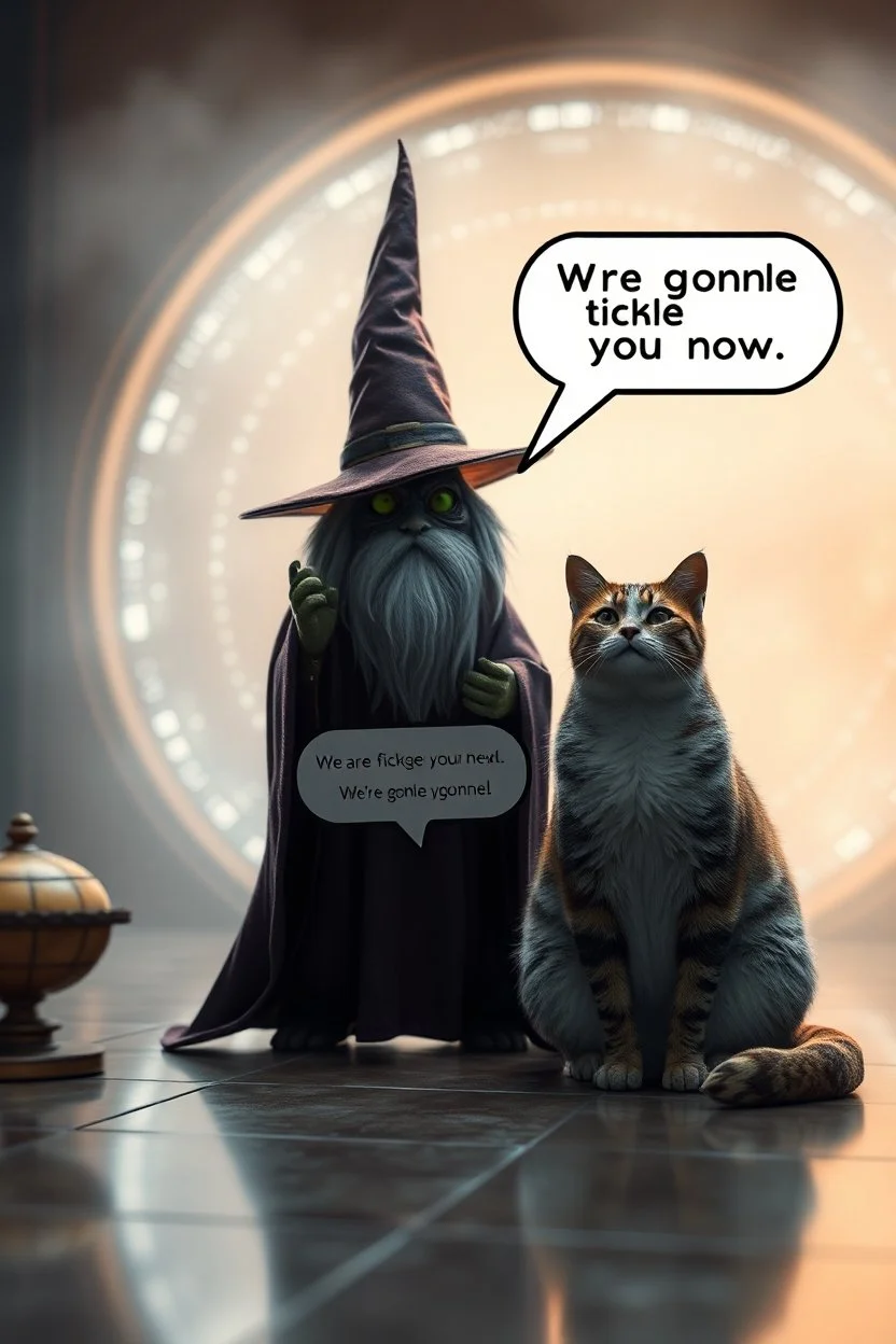 Wizard,snakebat and fat cat, add some fucking realism with no mutants, and a foggy background, and shiny tiled floor, and speechbubble saying "We are gonna tickle you now." in front of space portal dimensional glittering device, bokeh like f/0.8, tilt-shift lens 8k, high detail, smooth render, down-light, unreal engine, prize winning