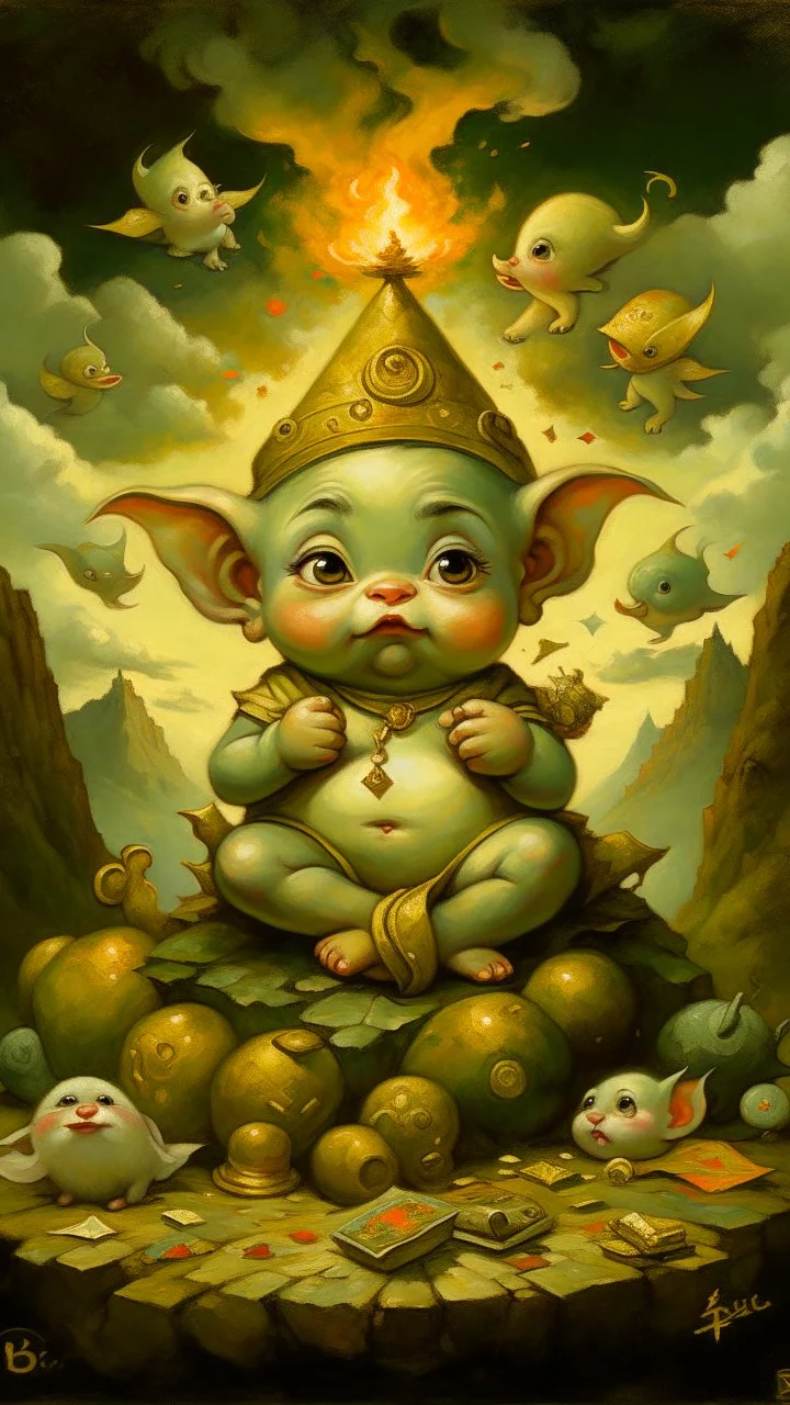 adorable baby Om Ganesha with big eyes in the pose of success, money piled up into a mountain, money flying around, oil painting