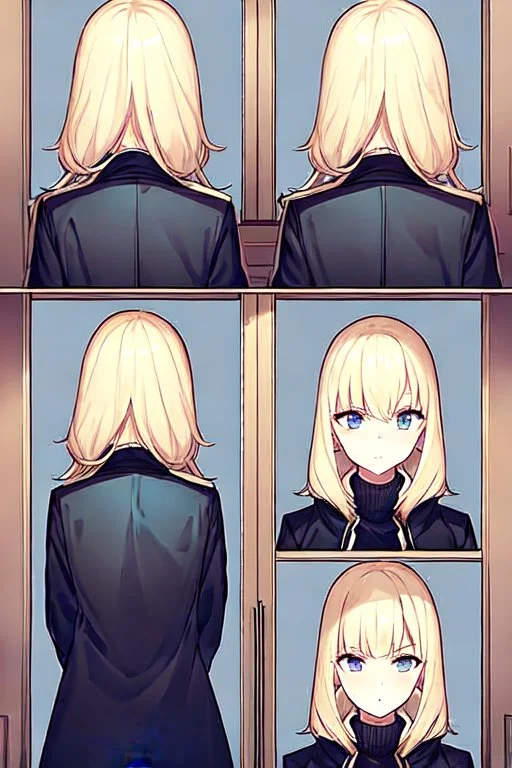 blonde girl whit jacket walk in a corridor, back view, line arts, manga style