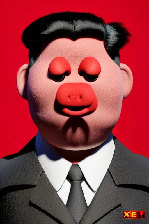 Waist up muppet Portrait, Kim Jong-un muppet doll, black suit, photo studio, red background, unreal engine 5, concept art, art station, god lights, ray tracing, RTX, lumen lighting, ultra detail, volumetric lighting, 3d.