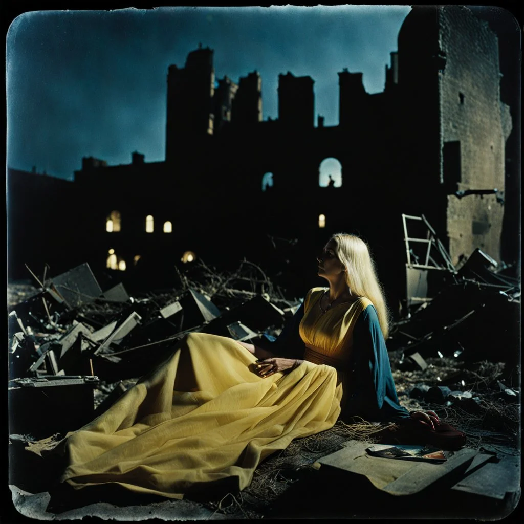 Photorealistic polaroid nothingness and distressing anguish ruined city night Max Ernst Hieronymus Bosch, shot on Hasselblad, movie shot, details of the dress accentuated, nightmare, hypermaximalist