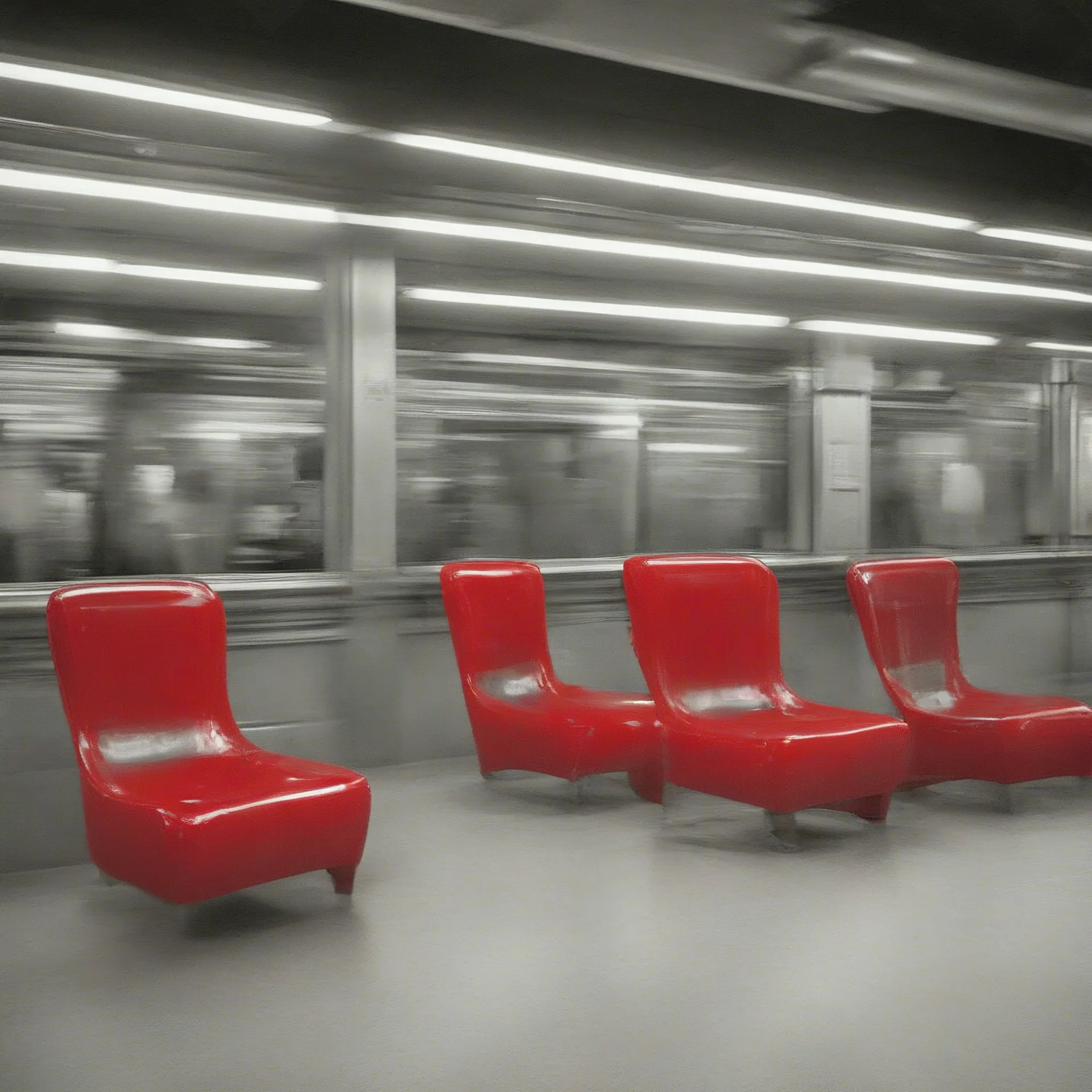 Chaises en plastique rouge sur le quai du métro