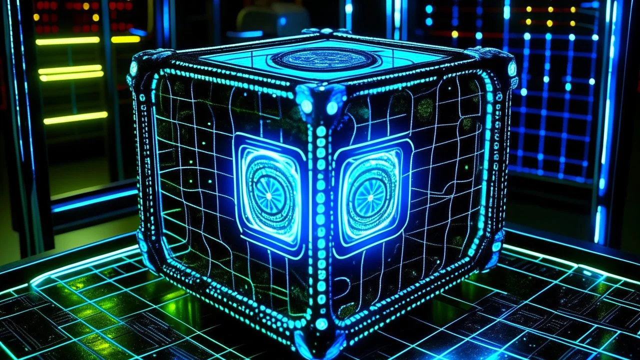 Cube tesseract from movie Loki. Tesseract should not be cropped. Located strictly in the middle of picture with navy blue/green glow inside tesseract. Without surface/table on which it stay.