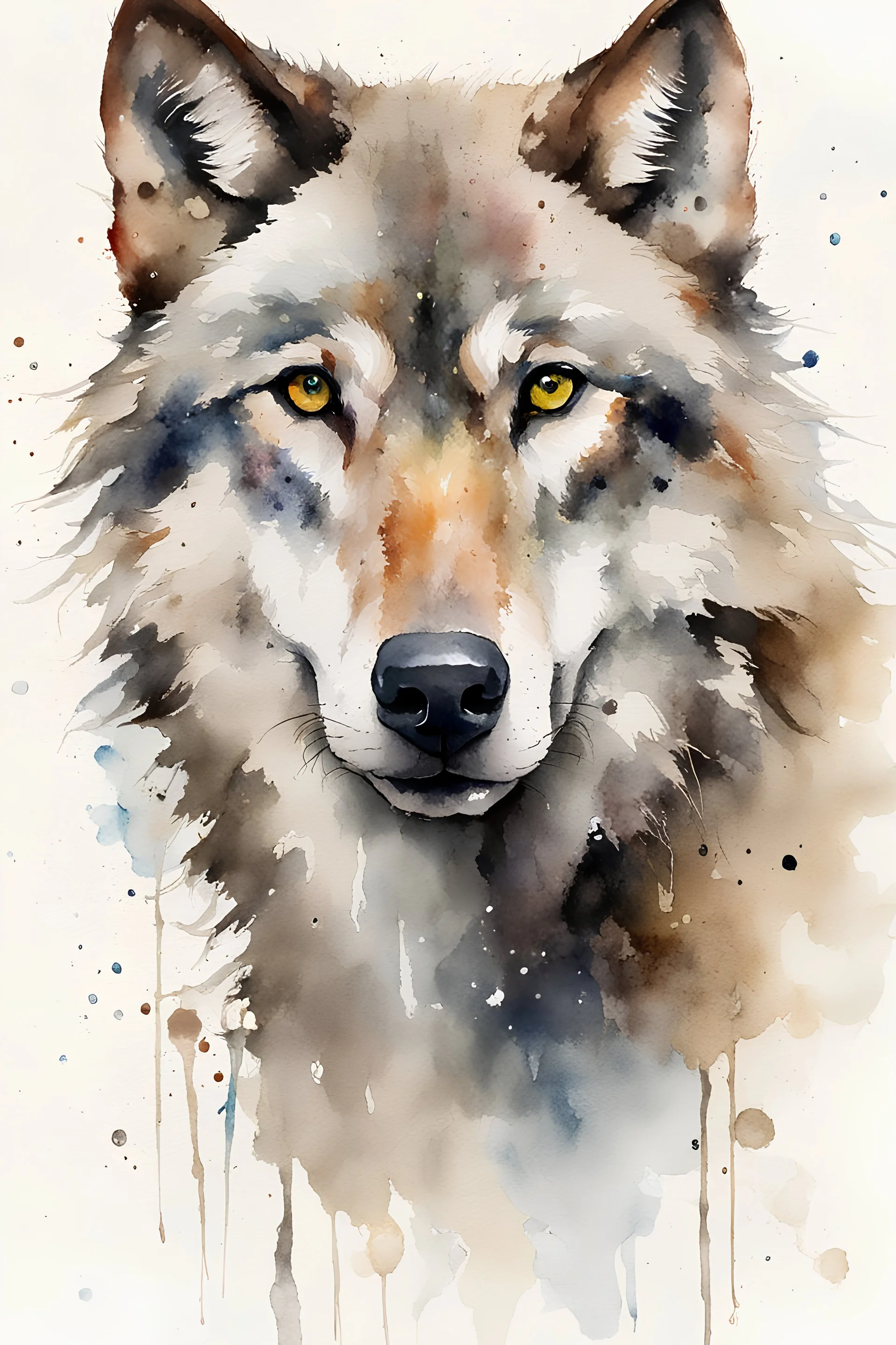 Masterpiece, best quality, watercolor painting, Dean Crouser style, portrait of an wolf, white background with some splatters, rule of thirds