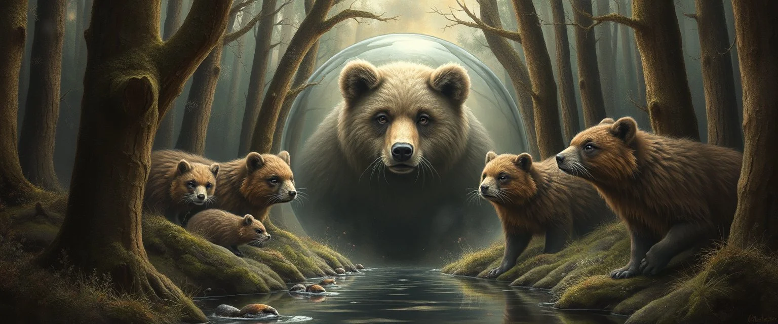 in the magical mirror forest we get a strange portrait and you enter the strangest bubble doorway to weird dimension and the aura of its heavenly fluffy elevated messed up woodland lynx bear beaver creatures flock painted by Nerdrum and Rembrandt