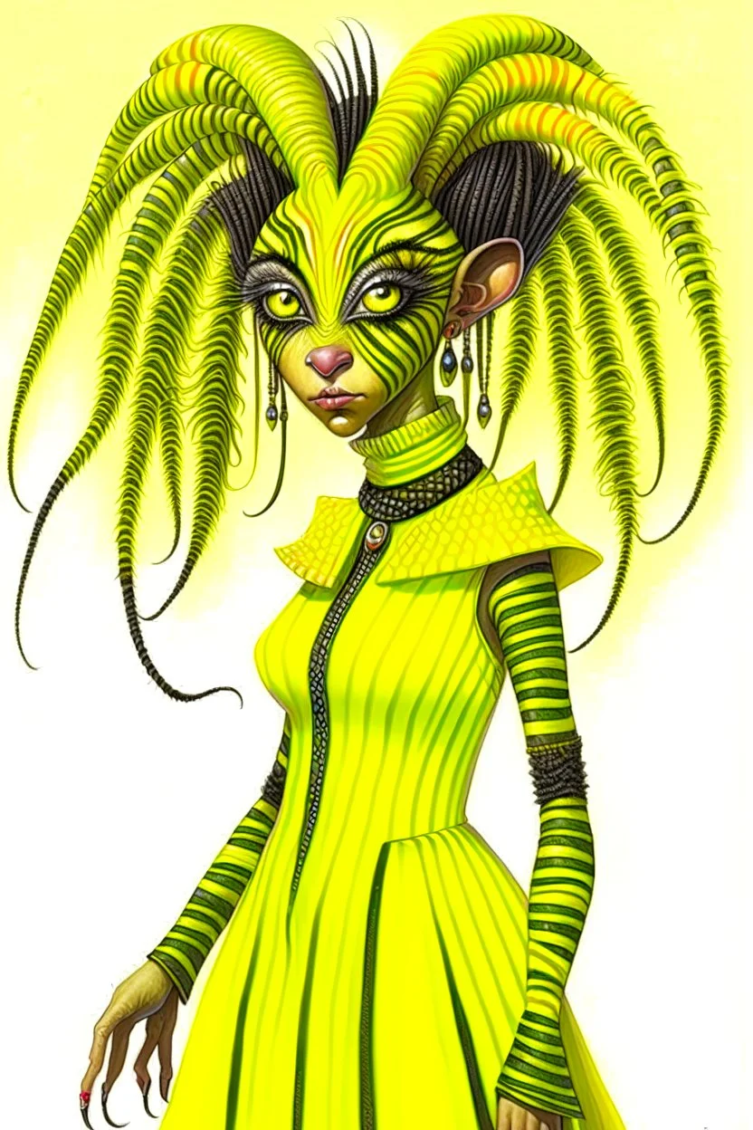 Artist Jean-Baptiste Monge style. A humanoid biomorph Zebra-Spider faced woman. Yellow eyes. A yellow striped ress, covered with spider legs.