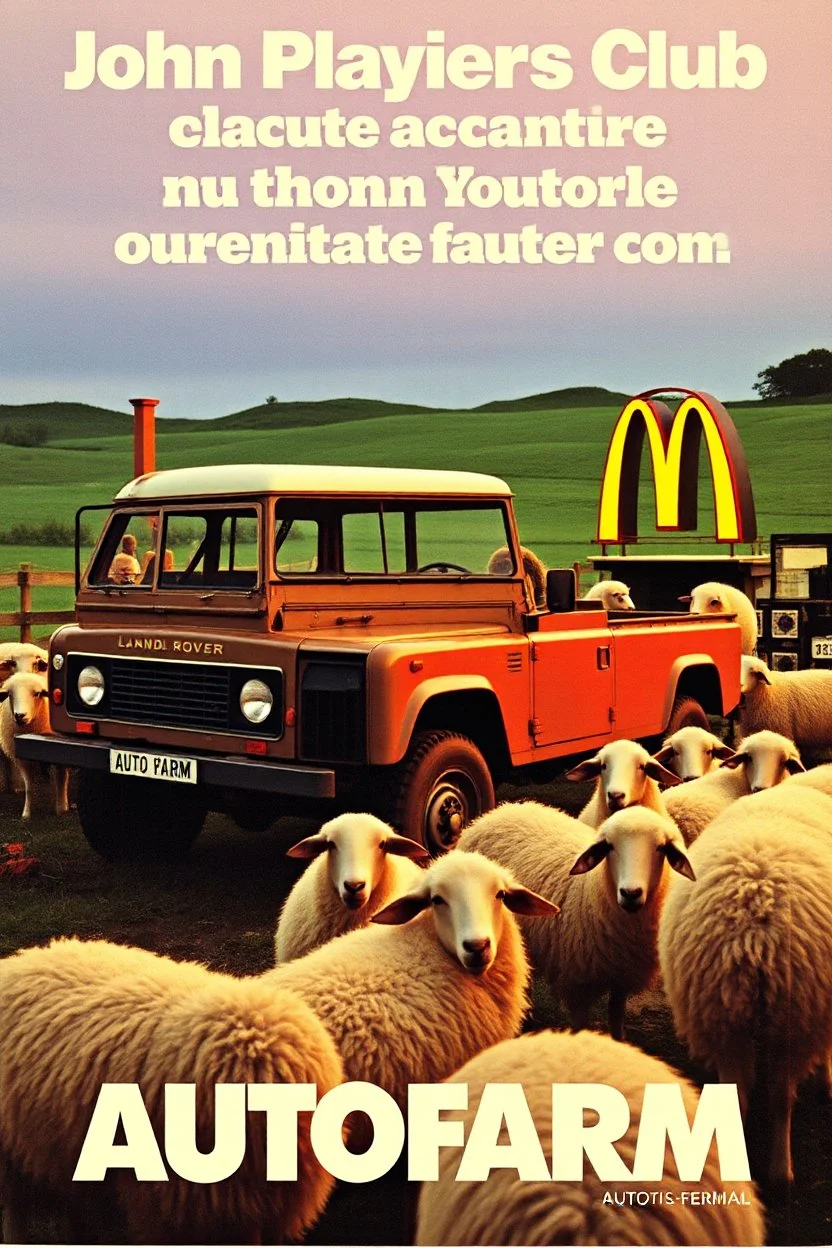 john players club 1980s cigarette advertisement sexy print Porsche autofarm magazine advertisement, vivid colours from the 80s, mcdonalds ad from the 80s, mac computer ad from the 80s, featuring a landrover being fixed at a farm. sheep are all over the place, company name in bold (AUTOFARM), nike print ad style, mac computer ad from the 80s, 1980s rc print advertisement