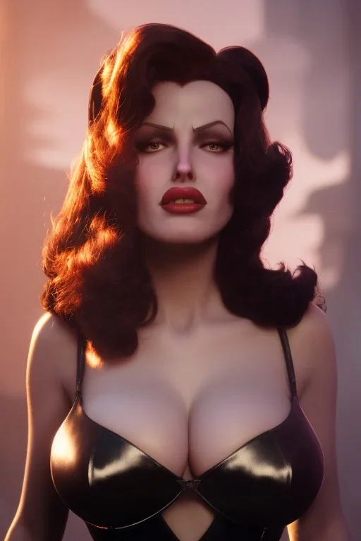 Rita Hayworth as evil queen in black leather, busty, cleavage, dominatrix, curvy, angry, stern look. character design by cory loftis, fenghua zhong, ryohei hase, ismail inceoglu and ruan jia. unreal engine 5, artistic lighting, highly detailed, photorealistic, fantasy